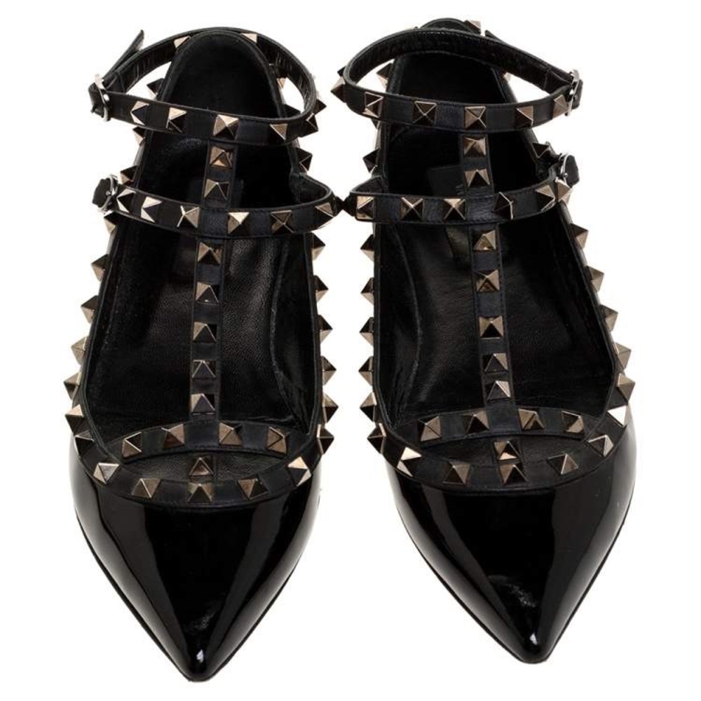 NEW Valentino black patent rockstud ankle strap caged ballet flats 38